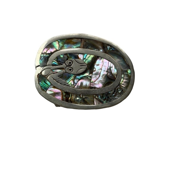 Vintage Alabone Shell Silver Large Belt Buckle Owl Bird Inlaid 1940s Mexico main image 6